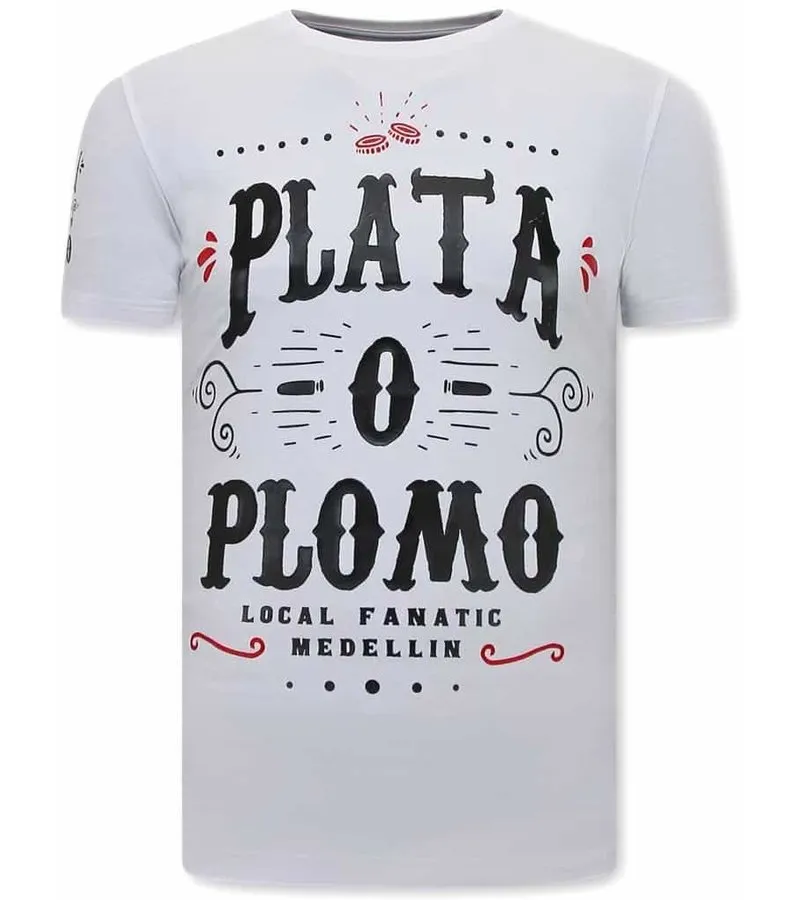 CAMISETAS HOMBRE NARCOS PLATA O PLOMO  BLANCO
